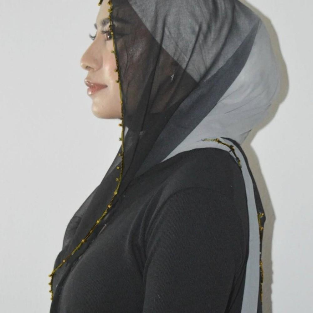 Gradient Double Colors Ethnic Style Scarf Gold Bead Islamic Turban Luxury Wraps Shawl  Women