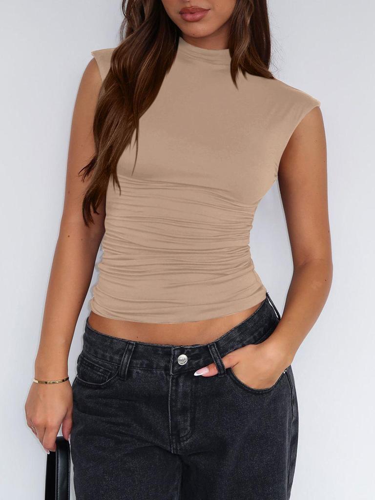 European & American Women's 2025 Fashion: Semi-High Neck Sleeveless Slim Solid Color Versatile Vest