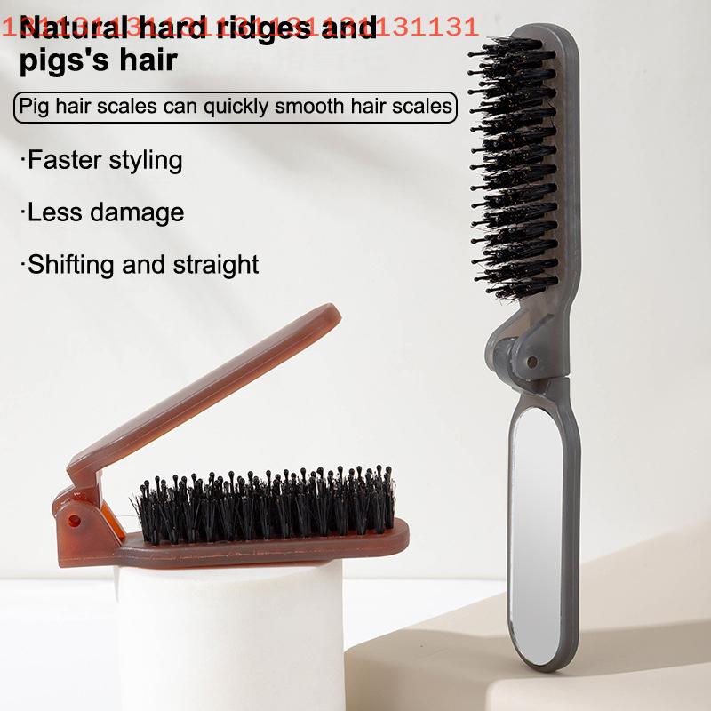 Kartáč na vlasy z kančích štětin Skládací přenosný hřeben se zrcátkem Kapesní skládací cestovní masážní nástroj pro úpravu vlasů Salonní dárek