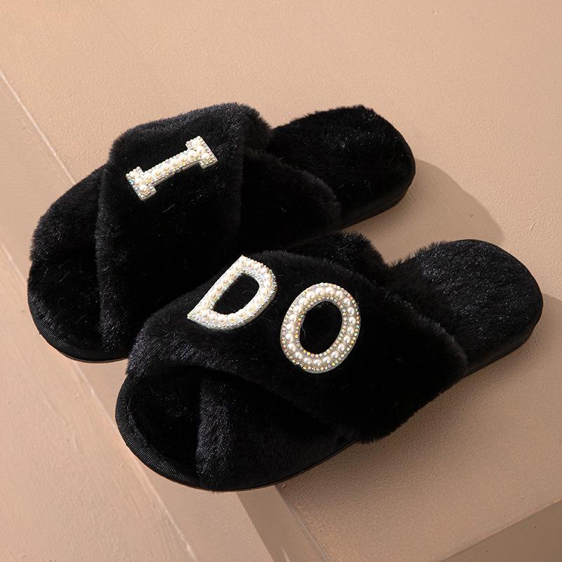 IDO Women's Furry Pearl Wedding Bachelorette Plush Slippers
