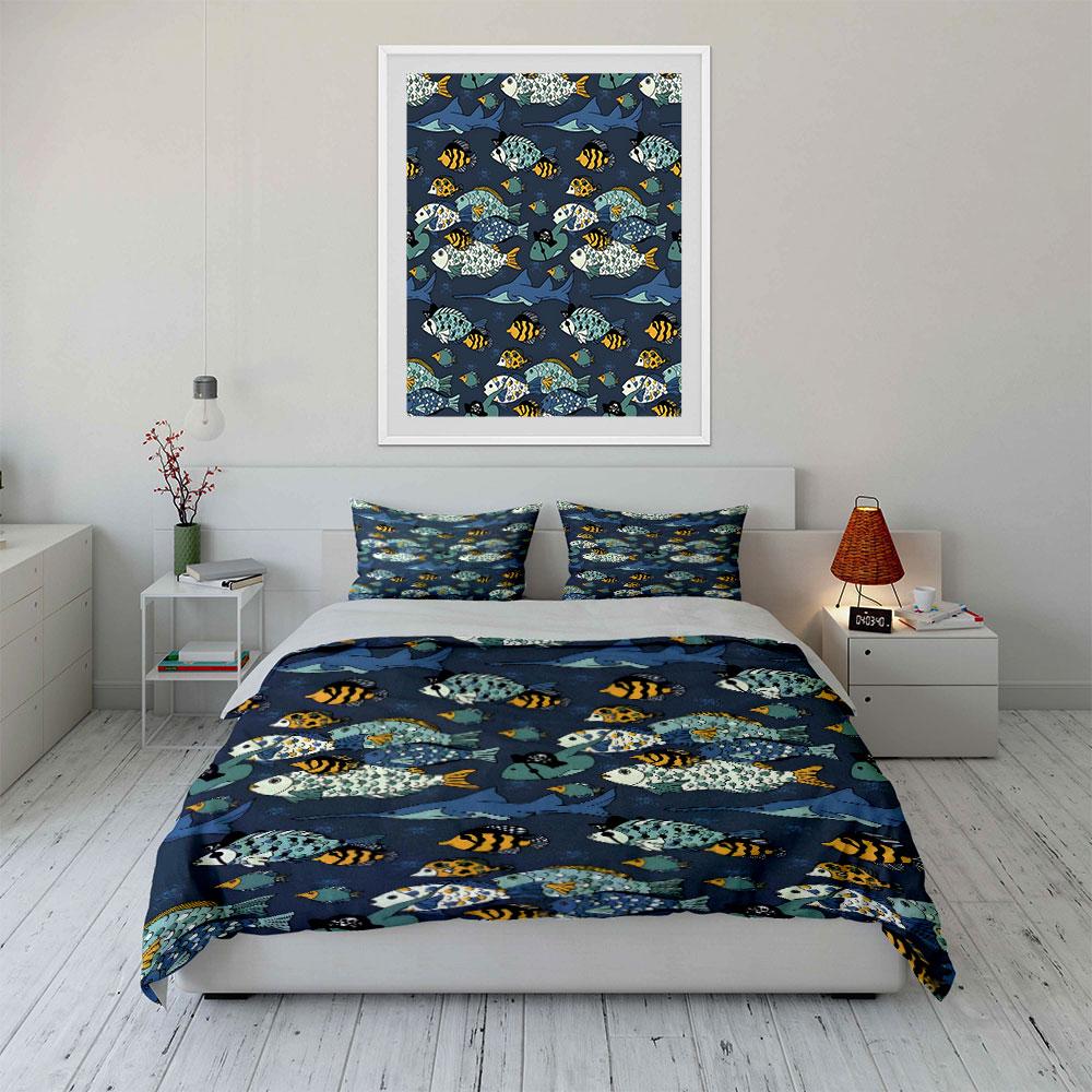 Cartoon Pirate Fish Pattern Bedding Duvet Cover Set (1*Duvet Cover 2*Pillowcases, without duvet insert)