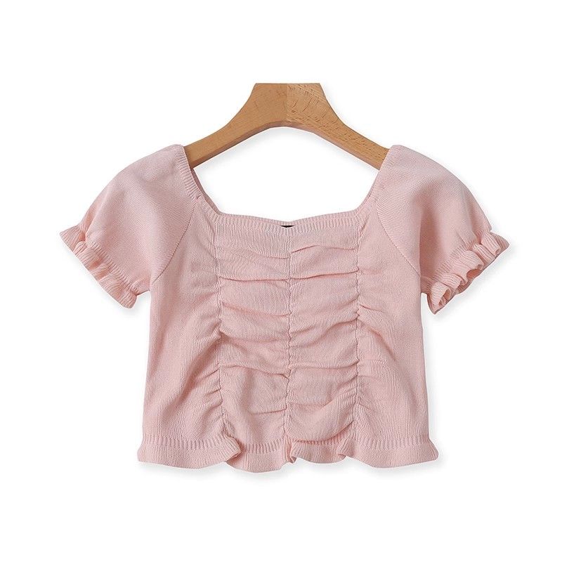 

Square Collar Knitting Tops Short Sleeve Wooden Ear T-shirt Sweet Small Shirt Women s Summer New Arrival High Waist Bottoming Shirt 12111 Pink All yards