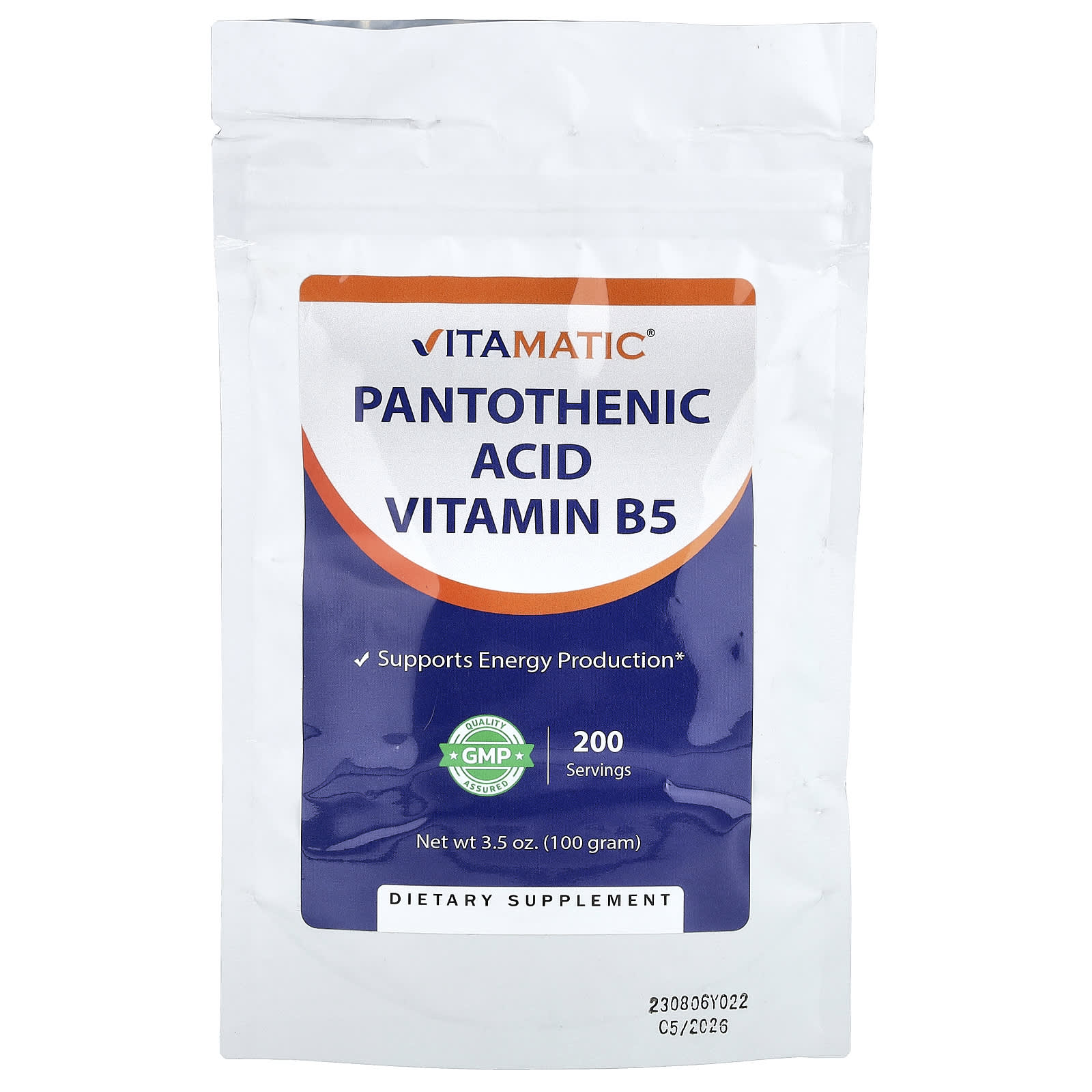 

Vitamatic, Pantothenic Acid and Vitamin B5, 100g (3.5oz)