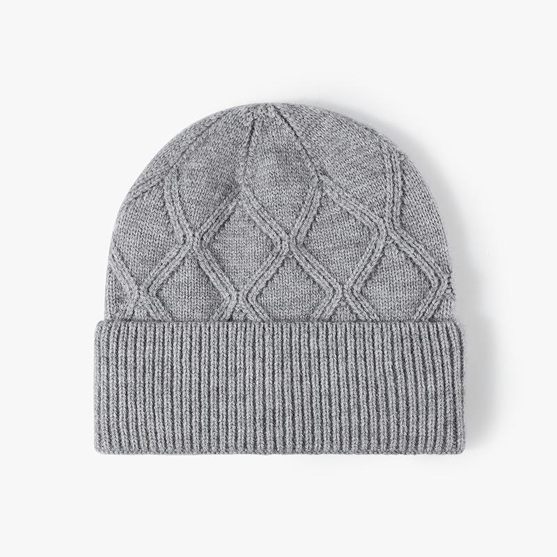 Unisex Winter Knitted Beanie Hat With Diamond Pattern Warm Soft Wool Blend Cuffed Skull Fashion Cold Weather Headwear  Women Men