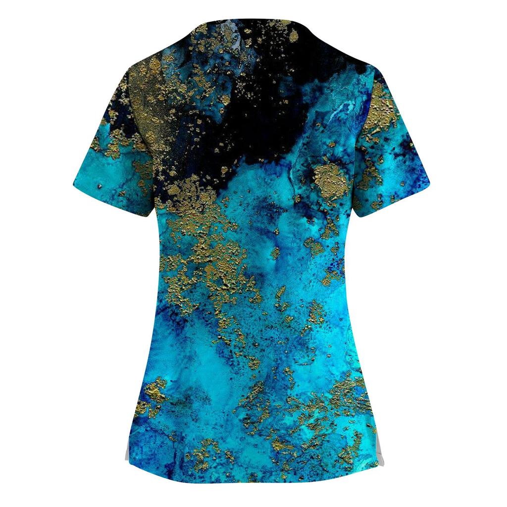 Dámská pracovní uniforma s krátkým rukávem a výstřihem do V s potiskem