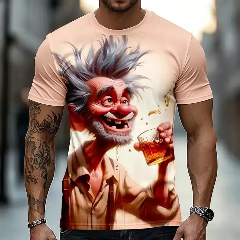 Fun Cartoon White-haired Old Man Wine Tasting 3D Full Print Men's Crew Neck Short-sleeved T-shirt, Personalized Creative Trendy Top