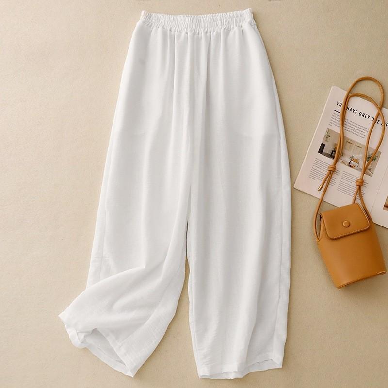 

Лето 2025 новые однотонные хлопково-льняные брюки широкие штанины женские литературные свободные простые драпирующиеся эластичная талия девятиточечные повседневные брюки 2XL