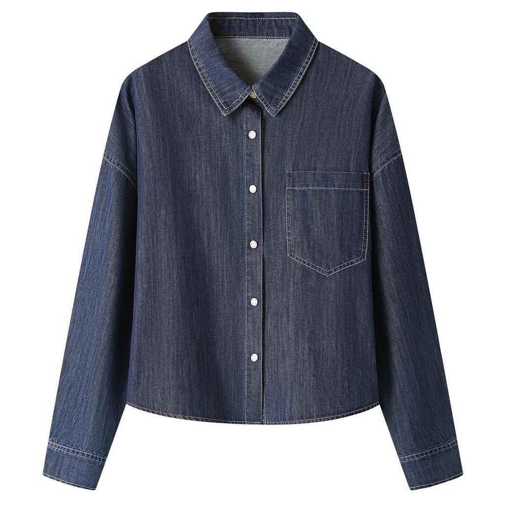 Women's Long Sleeve Denim Blue Shirt Jacket - Spring 2026 Retro British Style with Thickened Lapel