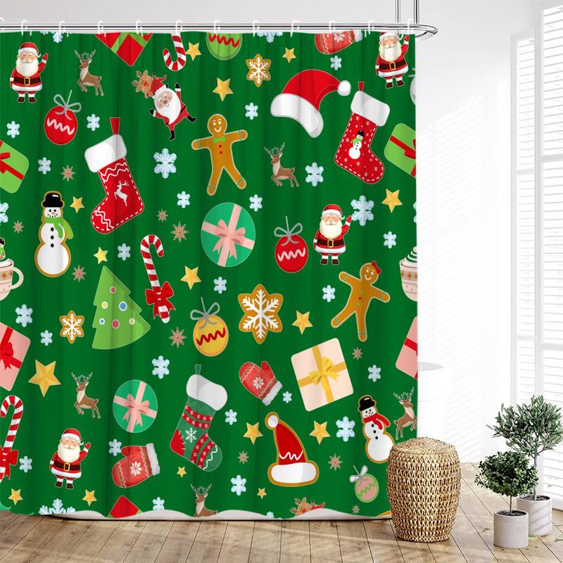 Cartoon Christmas Shower Curtain Funny Snowman Santa Claus Elk Xmas Trees New Year Kids Bath Curtains Bathroom Decor With Hooks