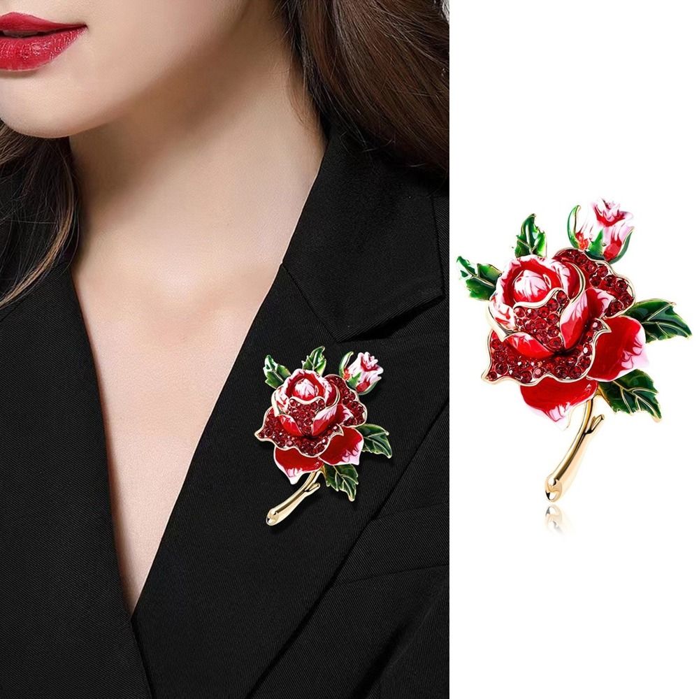 Alloy Rhinestone Brooch Luxury Enamel Fashion Rose-flower Brooches  Jewelry Accessories Gift