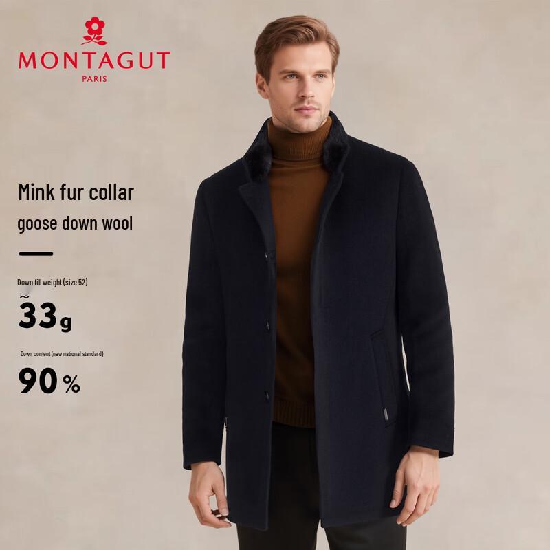 MONTAGUT Men's Wool Blend Overcoat with Goose Down Liner & Mink Fur Collar