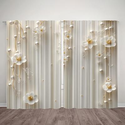 2pcs Elegant Floral and Pearl Curtains – White and Gold Light-Filtering Design for Bedroom Living Room and Office Decor