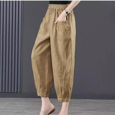 Summer Casual Cotton Linen Trousers Women's Loose Harem Pants with Retro Pockets Women's Solid Color Trousers with Elastic Waist Band
