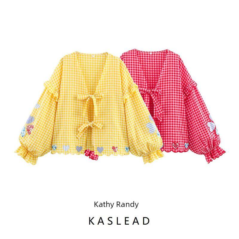 Kaslead New Women Clothes Western Style Fashion Simple Love Heart Plaid Embroidery Lace-up Shirts