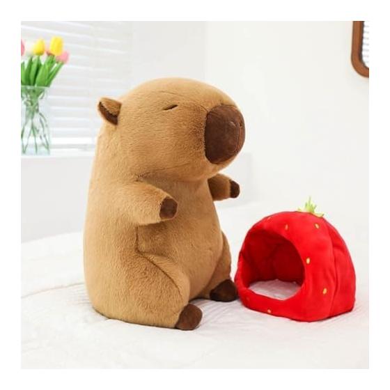 EZweekend Capybara Plush Toy with Strawberry Backpack, Extra Large, Cute, Soft, and Fluffy, Brown, Cuddly Pillow, Funny Stuffed Animal
