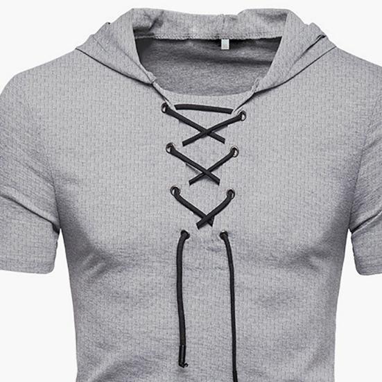 Men T-shirt Pure Color Lace-up Breathable Casual Summer Top for Daily Wear