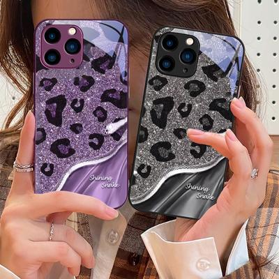 Leopard Sequin Snake For IPhone 16 Pro Max 15 Pro 14 13 12 Mini 11 XS Max XR 7 8 Plu SE 2022 Tempered Glass Phone Case