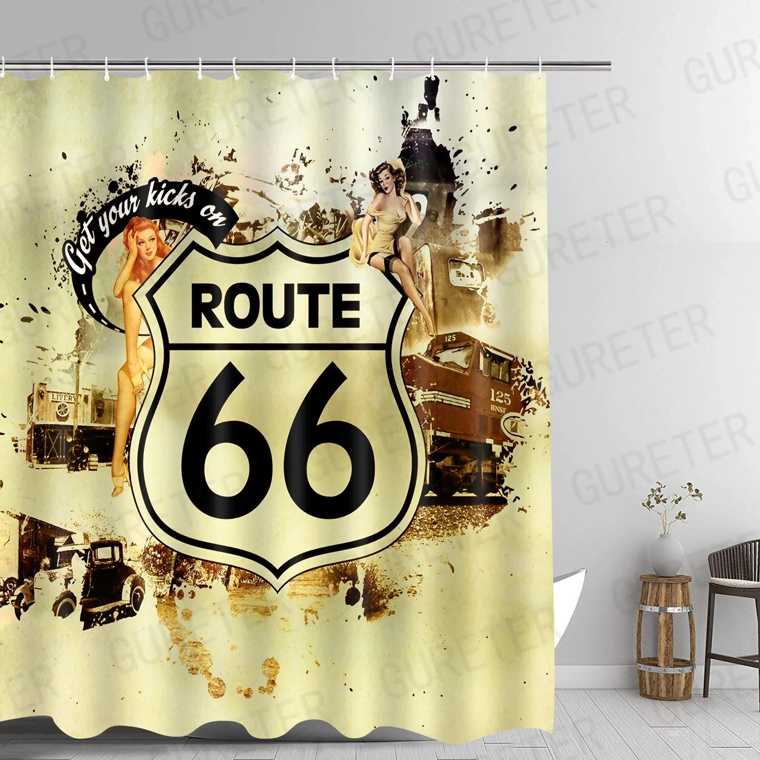 

American 66 Route Shower Curtain Bathroom Waterproof Shower Curtains Sexy Girl Bathroom Curtain Bath Screens with 12 Pcs Hooks W90xH180cm