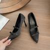 Fashion Bow Pointed Toe High Heels Women Spring and Summer New Stiletto Rhinestone Mary Jane Temperament Polka Dot Single Shoes