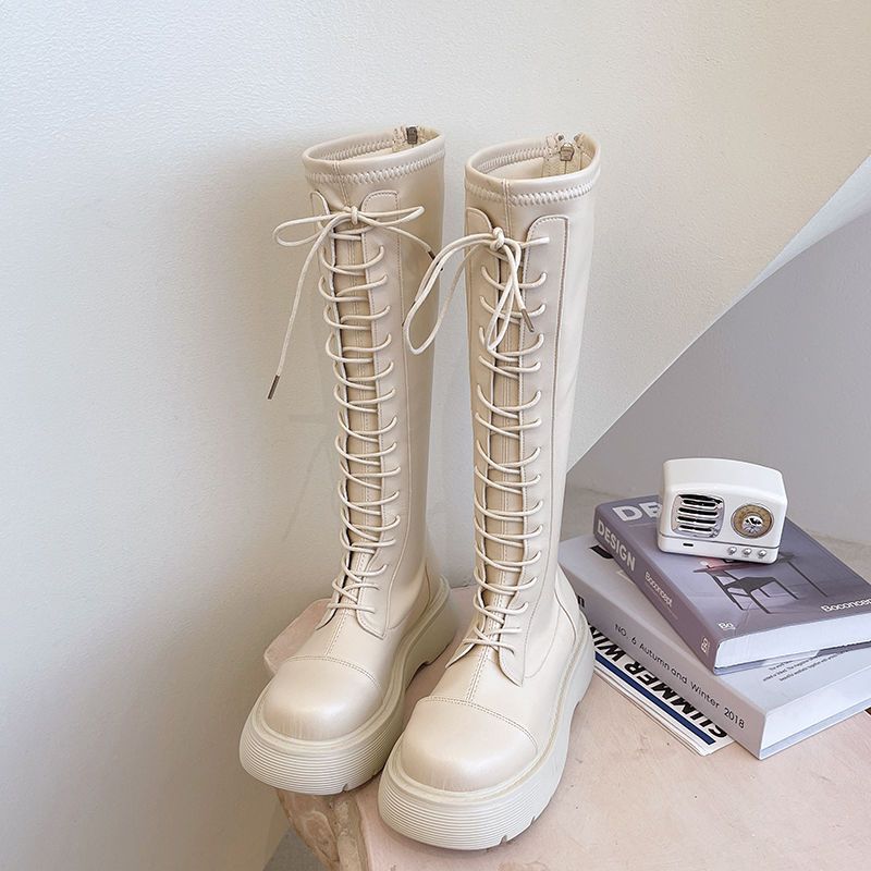 Stövlar Damstövlar Nytt på hösten och vintern Vita Plattformstövlar Fleece Snörning Höga Martin-stövlar