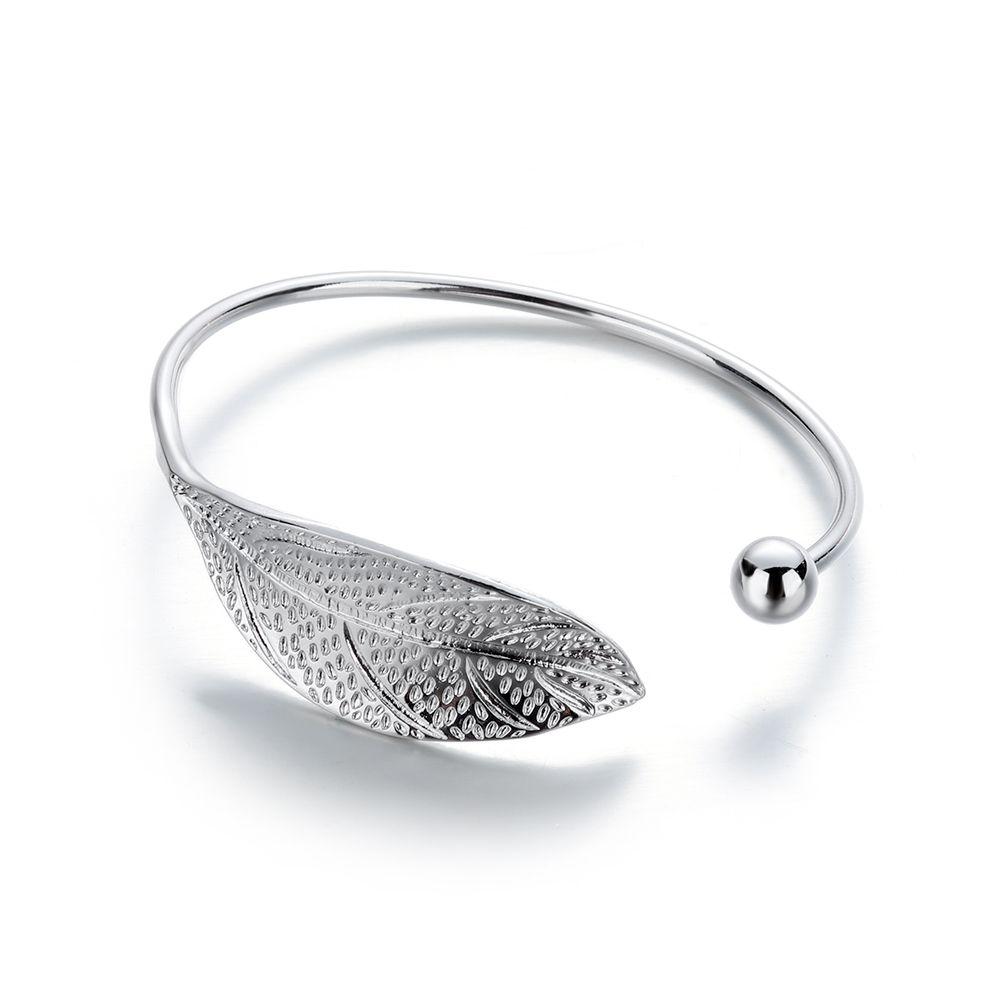 Sweet Crystal Elegant Cuff Bangle Leaves Bracelet Opening 925 Sterling Silver