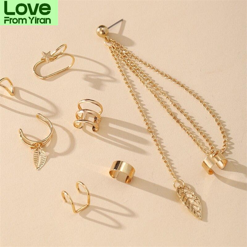 Fake Piercing Ear Cuff Clip On Earrings Tassel Leaf Jewelry Sets Cool Aesthetic Accessories Gifts For Women Statement Earrings