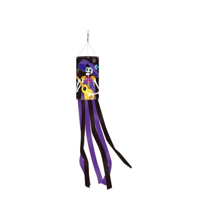 Polyester Skull Windsock Halloween Hanging Decoration with Long Ribbons for Fence Porch, Yard, Garden, or Halloween Party Entry