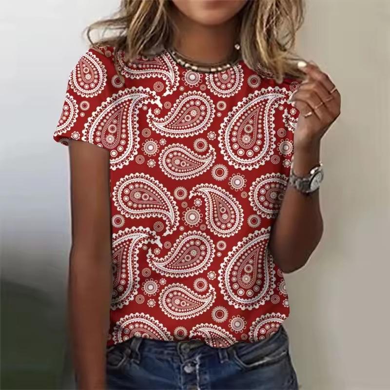 Summer Round Neck Retro Bohemian 3D Print Top Fashionable Casual Short Sleeved Women's T-shirts