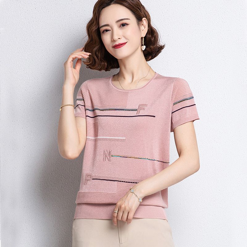 Summer Women's Knitted T-shirt Short Sleeved Embroidered Thin Ice Silk Retro Pullover Shirt