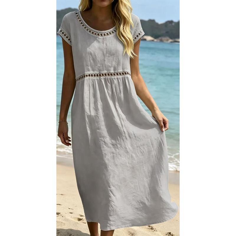JPNTKY Fashion Summer Spring  Solid Color Print O-Neck Short Sleeve Casual Dresses
