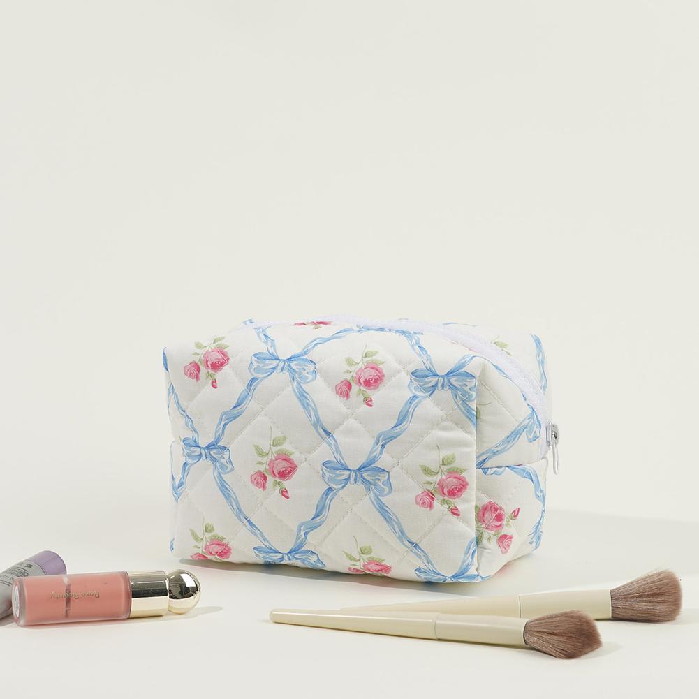 Cute Bow Floral Makeup Bag with Zipper Travel Makeup Pouch Cotton Quilted Makeup Organizer Storage Bag Large for Women Girls
