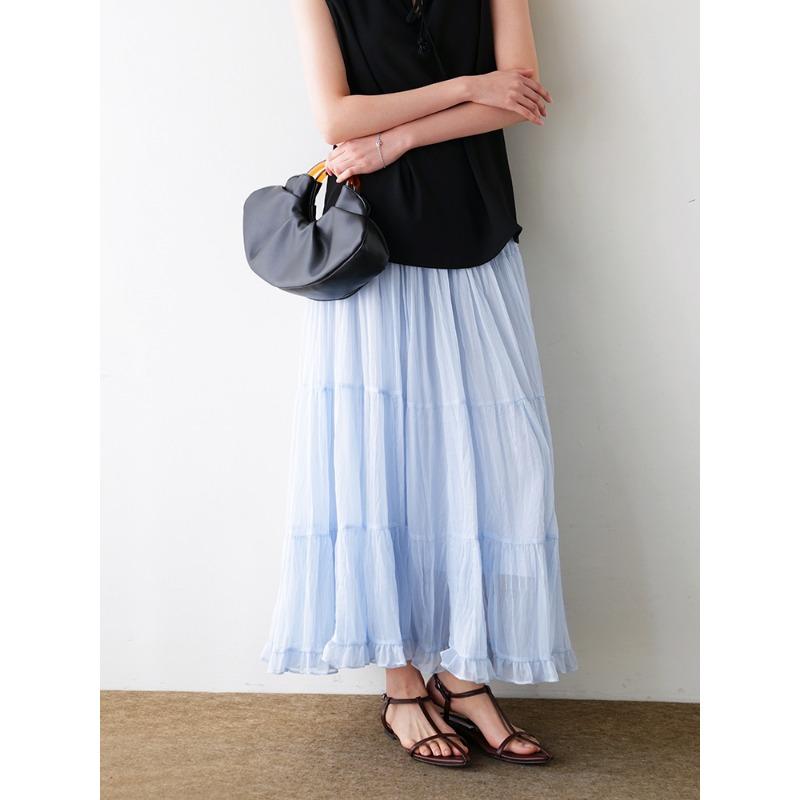 DIMANAF 2026 Summer Women New Skirts Solid Elastic Waist Pleated Mesh Elegant Skirts Yellow