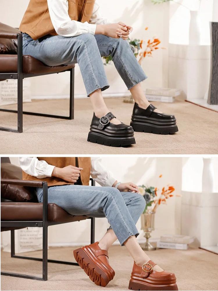 Johnature Vintage Thick Soled Shoes Round Toe Genuine Leather Versatile Four Seasons Women's Shoes