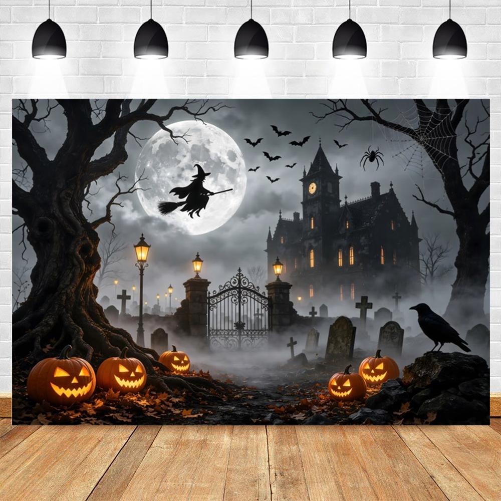 Halloween Full Moon Suburbs Cemetery Backdrop Scary Skull Castle Pumpkin Lantern Family Festival Party Decor Photo Background