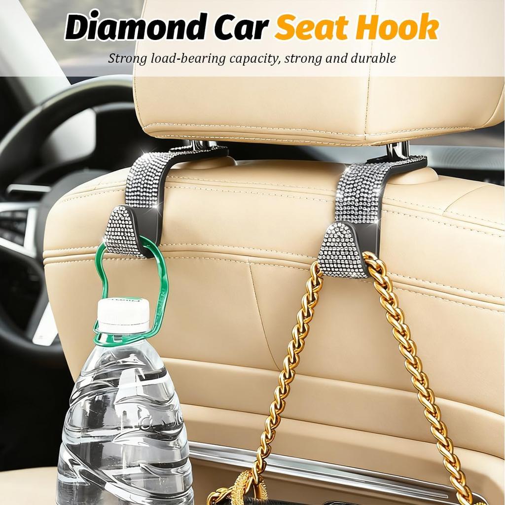 HZEL Bling Car Seat Headrest Hooks, 4PCS Crystal Rhinestone Vehicle Seat Back Hanger Holder for Purses Bag Handbags, Diamond Headrest Storage
