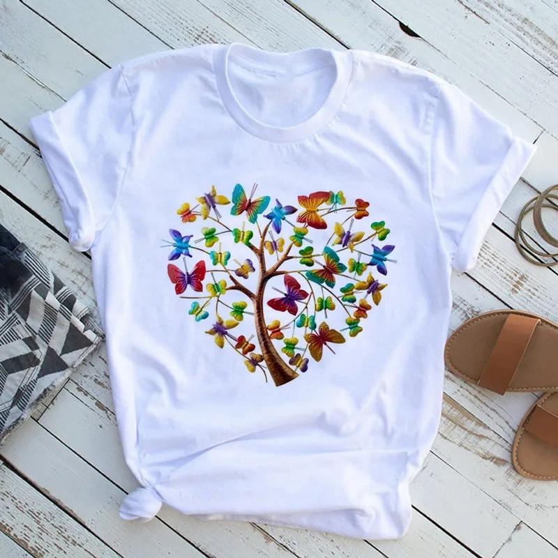 Unisexs Butterfly Tree Print Harajuku TShirt Round Neck Top Short Sleeve Casual Summer Tee ShirtDrop Ship