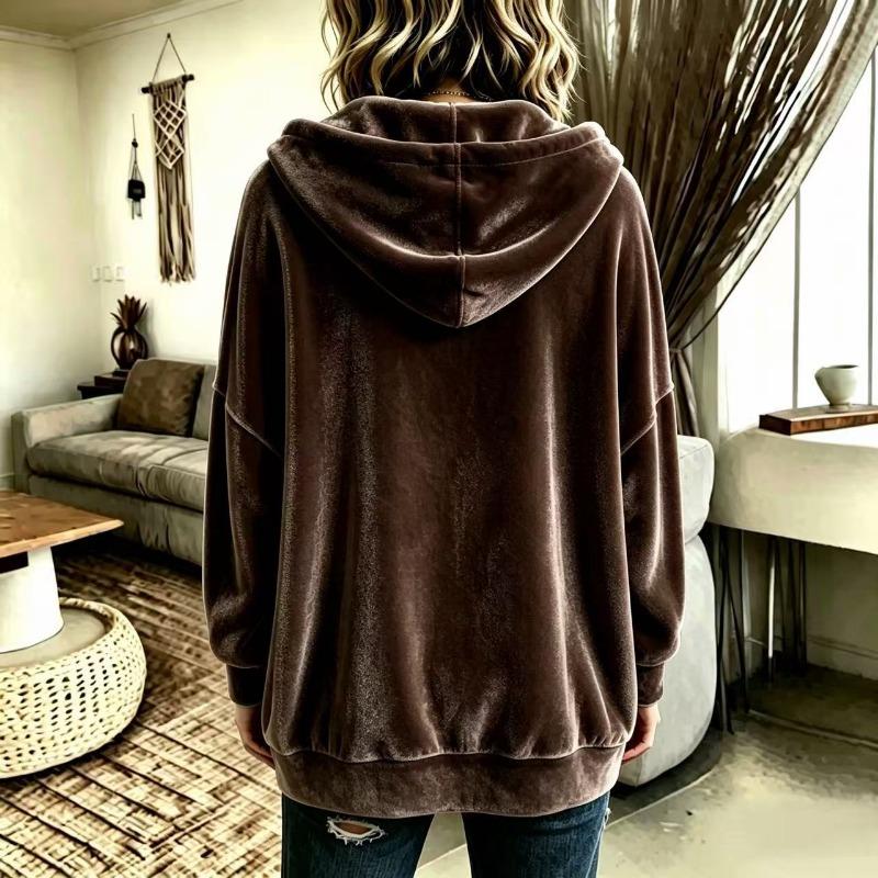 Women Solid Color Button Hooded Velvet Long Sleeve Casual Cardigan Coat