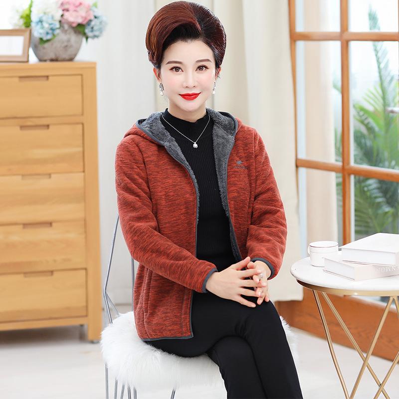 Grandma Autumn and Winter Cardigan Hooded Sweater Middle-aged and Elderly Sportswear Women's Jacket Mother Women's Plus Velvet Clothes