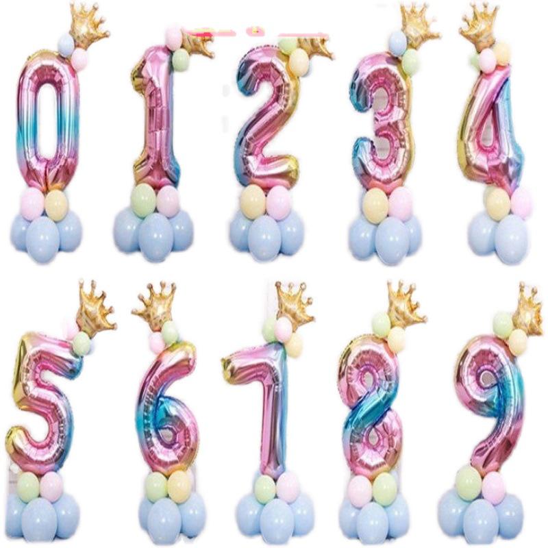 Gradient Color Crown Number Balloon Pillar, 32-40 Inch, First Birthday Party Decoration