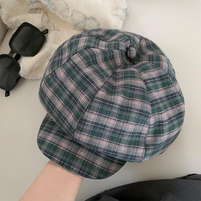 Niche design plaid octagonal hat women's summer thin retro face small cloud hat casual versatile beret