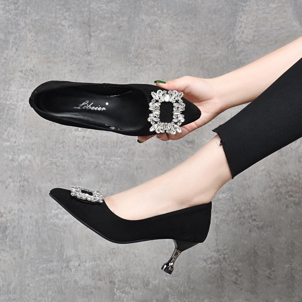 Fashion High Heels Spring New Elegant Temperament Square Diamond Pointed Head Thin Heel Shallow Mouth Women's Single Shoes Sheepskin Women's Shoes