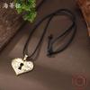 New Enamel Color Love Lock Leather Rope Long Pendant, Women's Exaggerated Hollow Heart-shaped Leather Rope Long Necklace
