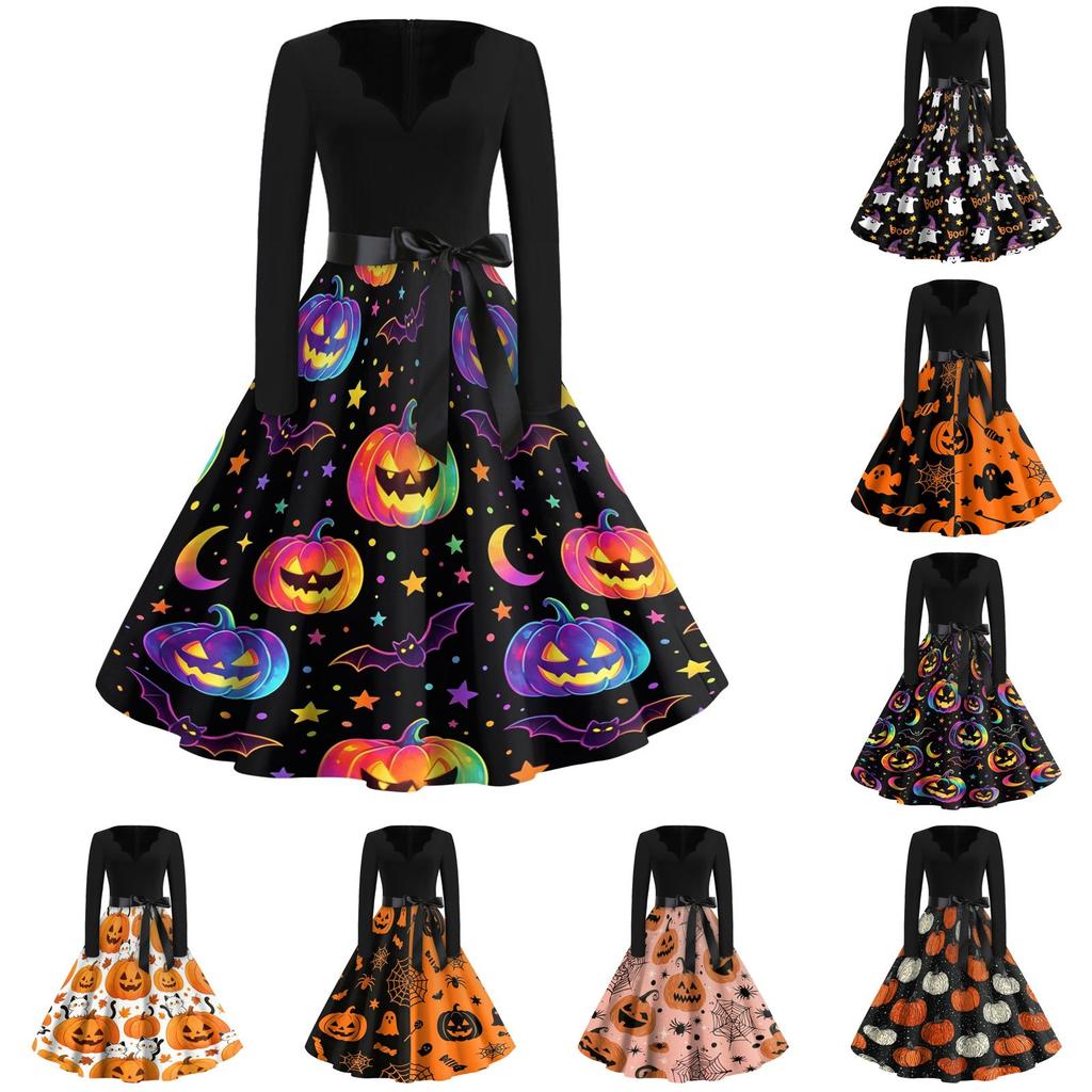 Women's Casual Vintage Halloween Dress V Neck Long Sleeve Retro Style Fit and Flare Knee Length Dress with Ghost Print and Waist Tie
