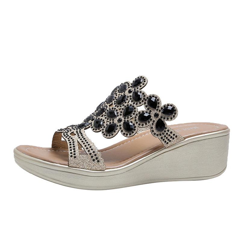 Fish mouth wedge sandals women's 20 summer new thick-soled waterproof table rhinestone sandals wish women's shoes