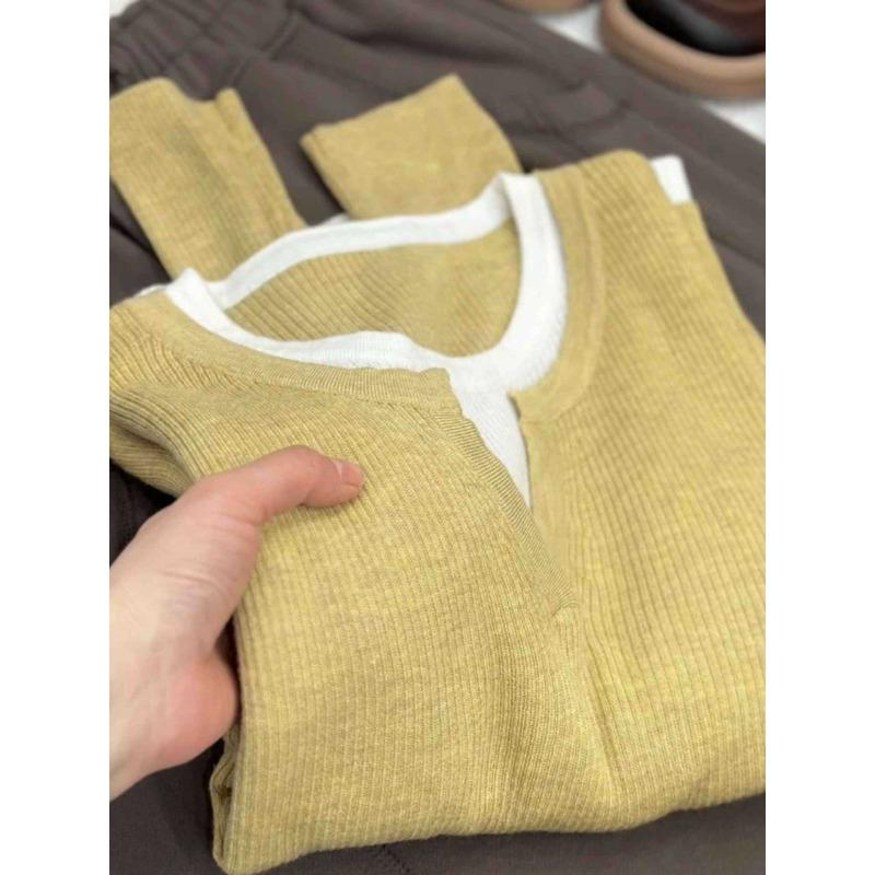 Soft waxy contrasting color fake two-piece neck knitted sweater women's spring, autumn and winter new versatile casual top