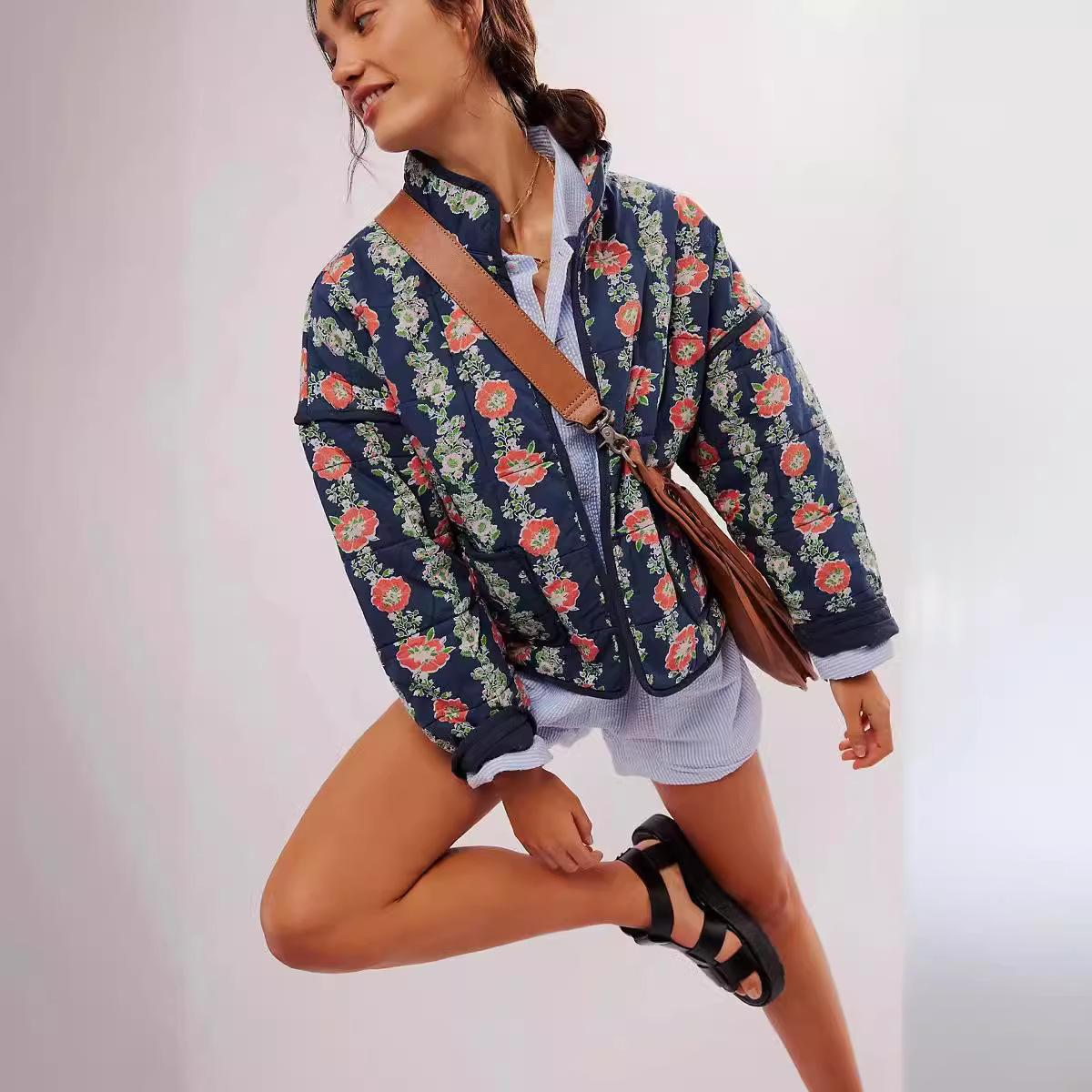 

Зимняя куртка женская осенняя с цветочным принтом тонкий карманный декоративный кардиган хлопковое пальто женский топ L