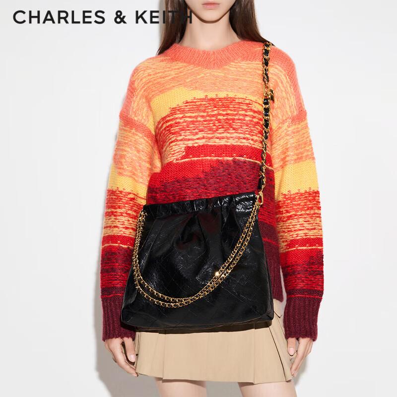 CHARLES&KEITH Ketten-Tote-Bag mit großem Fassungsvermögen, Umhängetasche für Damen, CK2-40671449, Schwarz, Größe L