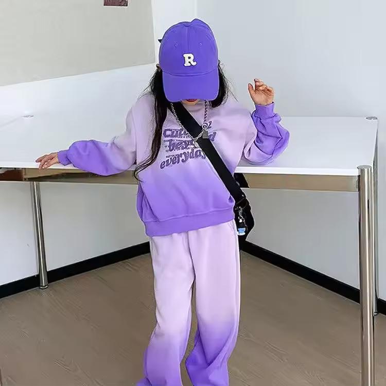 Spring Autumn Girls Kids Tracksuit Children Set Cloth Loose Gradient Sweatshirt Hooded + Wide Leg Pant Suit Teens 4 8 10 12 Year