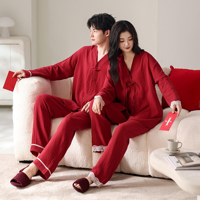 Couple pajamas women's spring and autumn pure cotton long-sleeved suit men's autumn and winter wedding red natal year loungewear