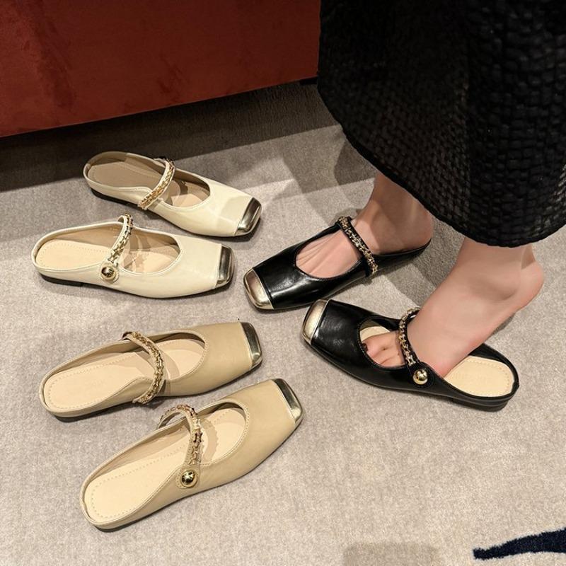 With Skirt Flat Bottom One-word Slippers New Square Head One-word Buckle Single Shoes Mary Jane Shoes